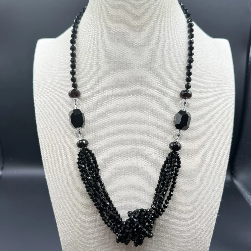 Black Faceted Bead Multi Strand Statement Necklace Knotted Gothic Cocktail Gift